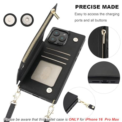 Bocasal Crossbody Wallet Case with Strap for iPhone 16 Pro Max, Black | RFID Blocking Card Slot Holder, Magnetic Flip Folio Purse Case, PU Leather Zipper Handbag Detachable Lanyard Strap 6.9 Inch - color: Black