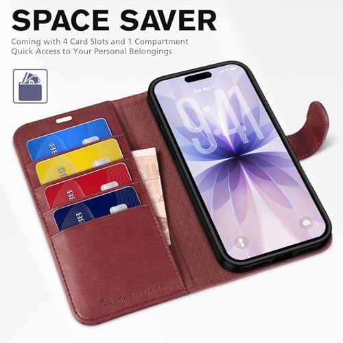 TUCCH Case Wallet for iPhone 17 (6.3") 2025, RFID Blocking Folio, Dark Red | 4 Card Holders, Kickstand, PU Leather, Magnetic Closure, Shockproof TPU Shell, Protective Flip Cover - color: Dark Red