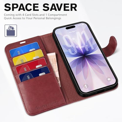 TUCCH Case Wallet for iPhone 17 (6.3") 2025, RFID Blocking Folio, Dark Red | 4 Card Holders, Kickstand, PU Leather, Magnetic Closure, Shockproof TPU Shell, Protective Flip Cover - color: Dark Red