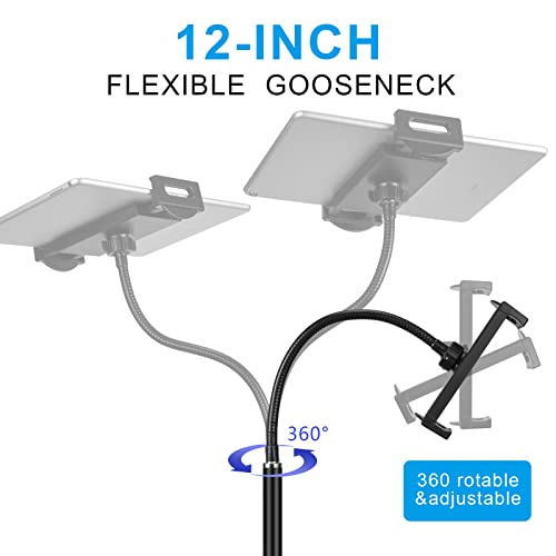 Tablet Floor Stand with Double Weight Base 360-degree Rotatable Metal Tablet Holder with Flexible Gooseneck Holder Long Arm for iPad Mini Air Pro, All Cell Phones iPhone & Tablets (4.5-12.9-inch)