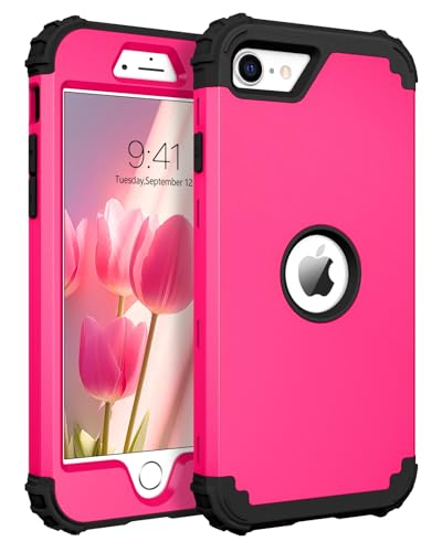 BENTOBEN for iPhone SE 2022 Case and iPhone SE 2020 Case, Heavy Duty 3 in 1 Full Body Rugged Shockproof Hybrid Hard PC Soft Rubber Case for iPhone SE 3rd/2nd Gen, Hot Pink/Black Design - color: Black/Hot Pink