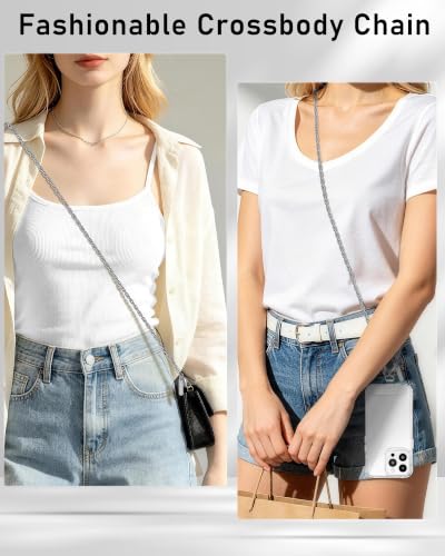 ROCONTRIP Metal Phone Chain Set Crossbody Phone Chain and Phone Wrist Strap iPhone Lanyard Handmade Phone Strap and Phone Wristlet Strap with 2*Tether Tabs for Women and Men - color: Bright Silver, size: Long