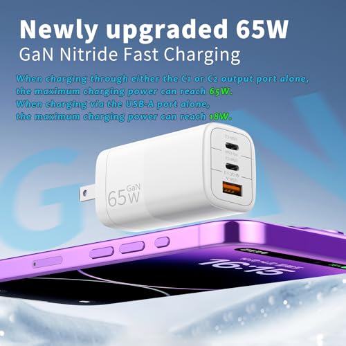 65W GaN Fast Charger, 3-Port USB C PD Power Adapter