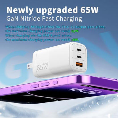 65W GaN Fast Charger, 3-Port USB C PD Power Adapter