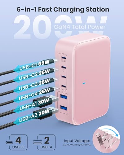 USB C Charger 200W USB Charging Block,6 Ports Foldable Wall Charger Outlet Plug,QC4.0 Fast Charging Station Hub,PD 65W Laptop Adapter for MacBook Pro/Air,Dell,iPhone 17/16/15,Galaxy (Pink) - color: Pink