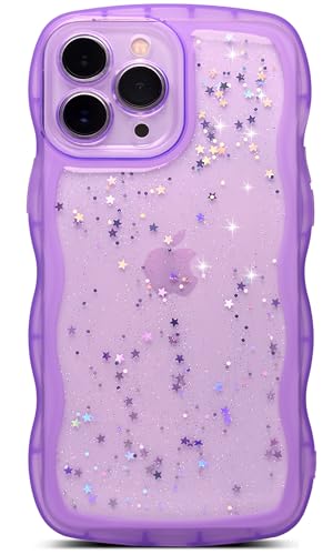 Qokey for iPhone 12 Pro Max Case 6.7" Curly Wave Design Edge Transparent Bling Glitter Star Shiny Cute Clear Transparent Full Protection Soft TPU Shockproof Phone Cover for Women Girls,Purple - color: Purple, size: for iPhone 12 Pro Max