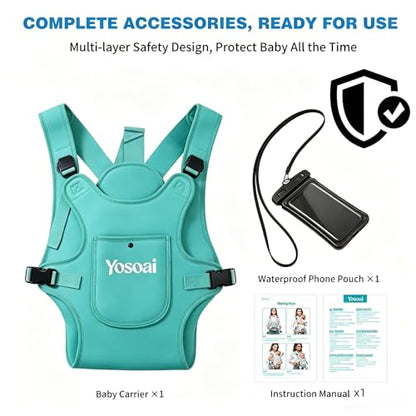 Yosoai Premium Neoprene Water Baby Carrier, Safer Wider 50mm Strap & 60mm Slide Lock Buckle, Ergonomic X+H Back Support, Quick Dry Land & Water Baby Carrier with Waterproof Phone Pouch - color: Lake Blue