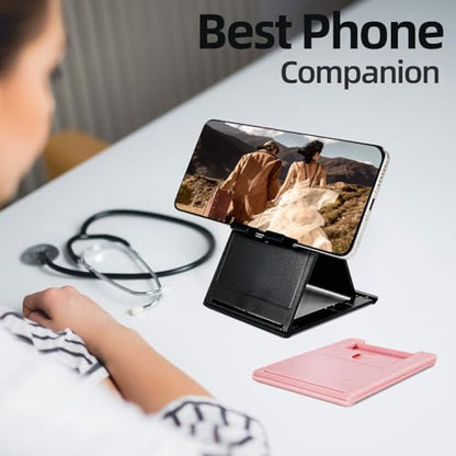 2 Pack Folding Cell Phone Stand - Adjustable Portable Foldable Desktop Phone Holder Compatible with iPhone 17 16 15 14 13 Pro Max Mini Smartphone Ps Portal Nintendo Switch 2 - Black & Pink