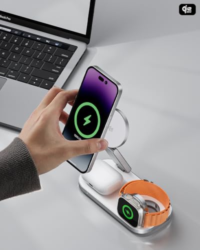 3-in-1 Charging Station for Apple Device, Qi2 25W Certified Magnetic Wireless Fast Charger Stand Compatible with MagSafe for iPhone 18/17/16/15/14/13/12/Air/Duo Series, Apple Watch & AirPods - color: White+Silver