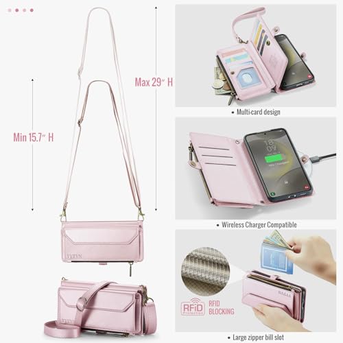 for Samsung Galaxy S23 Wallet Case with Card Holder, Rose Gold | RFID Blocking Slots, Crossbody Lanyard, Wrist Strap, Zipper Pocket Purse Handbag, Magnetic Closure - color: Rose Gold, size: Galxay S23