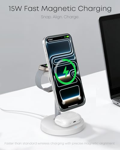 3 in 1 Magnetic Wireless Charging Station, 15W Charger for iPhone, White - color: White