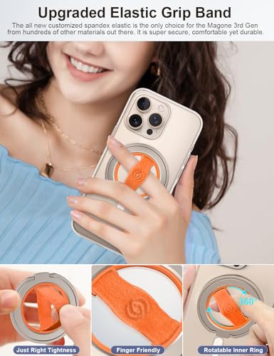 EWA MagOne 3rd Gen [Compatible with MagSafe] Phone Grip Stand with Finger Strap, Removable Magnetic Ring Holder Kickstand Loop for iPhone 17,16,15,14,13,12 Series-(Gold-Orange) - color: Gold-Orange