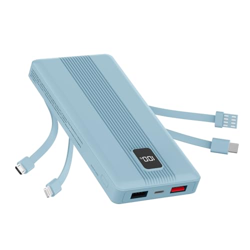 10000mAh Portable Charger with 4 Built-in Cables, 22.5W Fast Charging Power Bank, LED Display, Slim Travel Battery Pack for iPhone 17/16/15/14, Samsung Galaxy, iPad & More - color: Blue