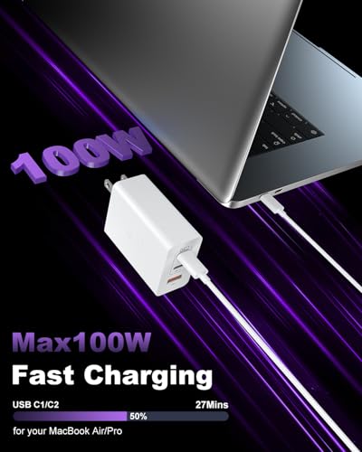USB C Charger Block 100W, 3-Port Super Fast Chargers with 10 FT USB C Cable - color: White+Black