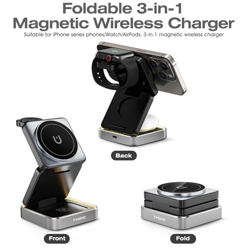 Portable 3 in1 Magsafe Wireless Charger Station for Apple iPhone, Multiple Devices, Foldable Travel Charging Stations, Magnetic Fast Charger with Light for iPhone 12-16 Series for Apple Watch & Airpod