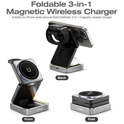 Portable 3 in1 Magsafe Wireless Charger Station for Apple iPhone, Multiple Devices, Foldable Travel Charging Stations, Magnetic Fast Charger with Light for iPhone 12-16 Series for Apple Watch & Airpod