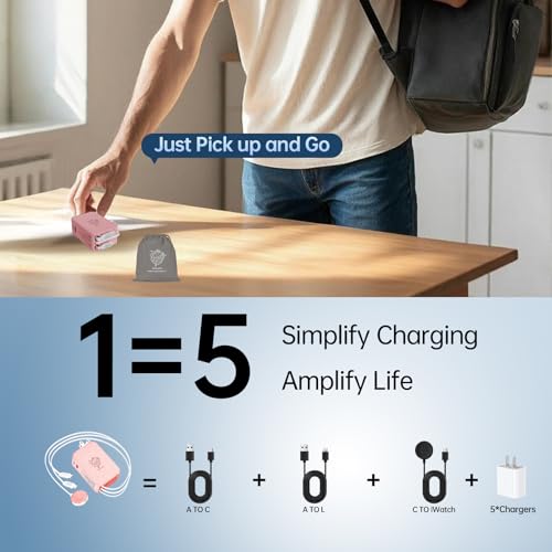 Retractable Apple Watch Charger, 5 in 1 Wall Charger with 3 Retractable Cables for Older iPhones & USB-C Devices, 35W Foldable Charger Block for iPhone 17/16/15/14, iPad, AirPods (Pink) - color: Pink
