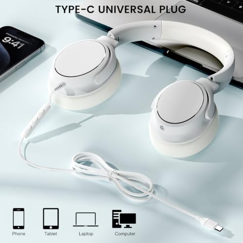 USB C Wired Over-Ear Headphones with Microphone - color: White