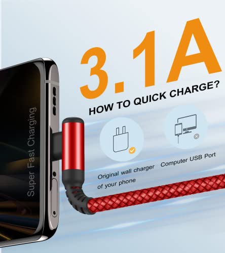 USB to USB C Cable Right Angle 3.1A Fast Charger Carplay 2-Pack 3.3ft Red - color: red, size: 3.3ft+3.3ft