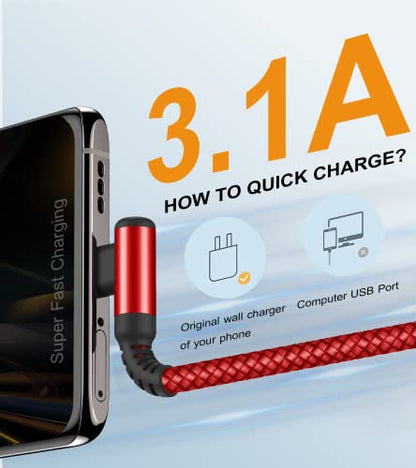 USB to USB C Cable Right Angle 3.1A Fast Charger Carplay 2-Pack 3.3ft Red - color: red, size: 3.3ft+3.3ft