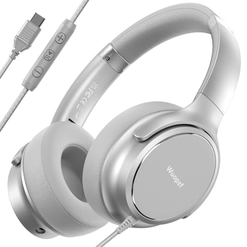 USB C Wired Over-Ear Headphones with Microphone - color: New Silver