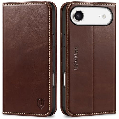 SHIELDON Genuine Leather Wallet Case for iPhone Air 6.5", Retro Coffee | Flip Magnetic Cover, RFID Blocking, Credit Card Holder, Kickstand, Book Design, Shockproof Phone Shell - color: Retro Coffee