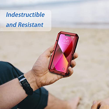 Lanhiem for iPhone 13 Metal Case, Heavy Duty Shockproof Tough Rugged Case with Built-in Glass Screen Protector, 360 Full Body Protective Cover for iPhone 13 6.1 inch, Red - color: Red