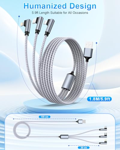Multi USB Cable, 3 in 1 Multi Charging 90 Degree Universal Charging Cable with Phone/Micro/USB Type C Nylon Multi Charging Cable for Phone 16/15/14, Samssung, Huawei, Xiaomi, Laptop Tablet 1.8m