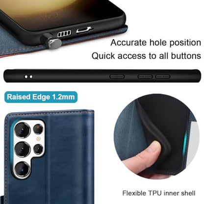 KEZiHOME Genuine Leather Wallet Case for Samsung Galaxy S25 Ultra | Royal Blue/Brown, RFID Blocking, S25 Ultra Wallet Case, Card Slot, Flip, Magnetic Stand Phone Cover Compatible with S25 Ultra - color: Royal Blue/Brown, size: Galaxy S25 Ultra Case