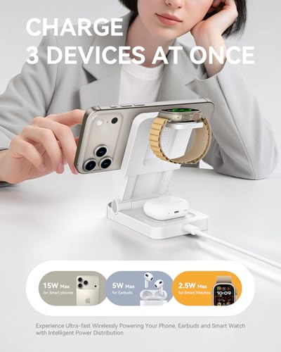 3-in-1 Foldable & Retractable Magnetic Wireless Charger, 15W Fast Charging Station, Portable Fast Charging Stand, Charging for iPhone 17/16/15/14/13/12, Apple Watch, AirPods (White) - color: White