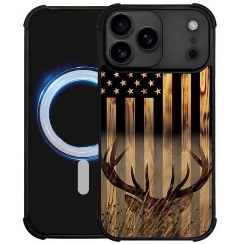 DJSOK Case for iPhone 17 Pro,Compatible with MagSafe,Anti-Scratch Shockproof Case,Wood Grain American Flag Buck Hunter Deer - color: Wood Grain American Flag Buck Hunter Deer, size: IPhone 17 Pro
