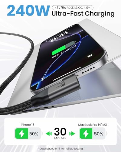 Silkland 80Gbps Right Angle USB 4 Cable for Thunderbolt 5 Cable 240W 10FT - size: 10FT