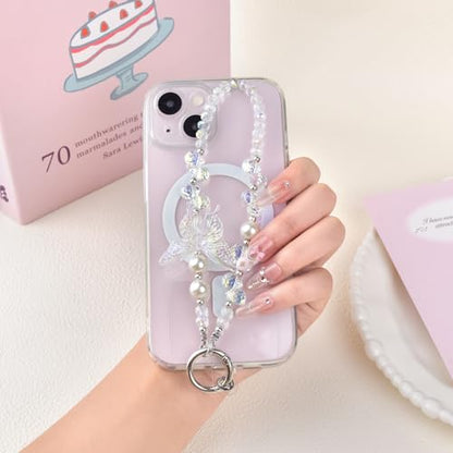 Beaded Phone Wrist Strap,Crystal Glitter Cute Butterfly Keychain Wristlet,Phone Chain Wristlet Purse Bag Charms - color: White