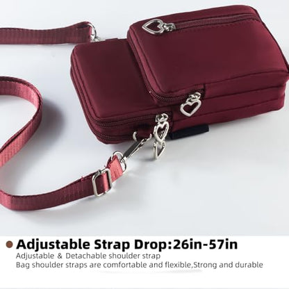 Small Crossbody Bag for Women, Multi Zip Pockets Nylon Wallet Purse Credit Card Holder with Detachable Hand Strap - color: Red