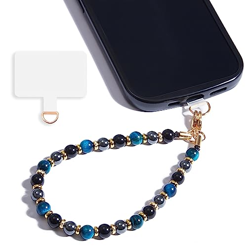 Marble Beaded Phone Wrist Strap for Women, Detachable Design - color: Blue Tiger’s Eye