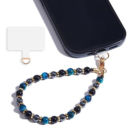 Marble Beaded Phone Wrist Strap for Women, Detachable Design - color: Blue Tiger’s Eye