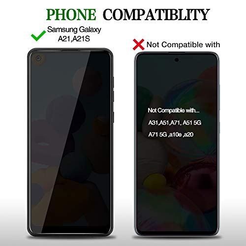 [2 Pack] for Samsung Galaxy A21/A21S Privacy Screen Protector, [Full Coverage] Anti Spy HD Clarity 9H Tempered Glass Screen Protector, Scratch Resistant, Bubble Free, Easy Insall, Case Friendly (6.5 - size: Samsung Galaxy A21/A21S