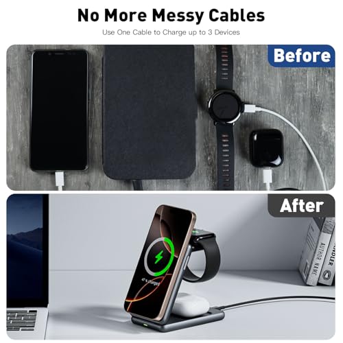 Upgraded 3-in-1 Magnetic Wireless Charger, Foldable Charging Station, Electromagnetic Induction Base,Compatible with MagSafe,Compatible with iPhone 12-17 Series, Apple Watch, and AirPods