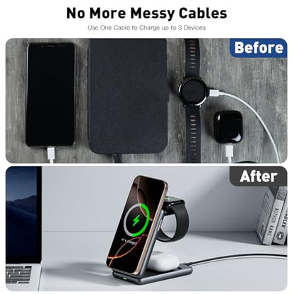 Upgraded 3-in-1 Magnetic Wireless Charger, Foldable Charging Station, Electromagnetic Induction Base,Compatible with MagSafe,Compatible with iPhone 12-17 Series, Apple Watch, and AirPods
