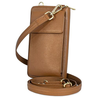 BULL GUARD Crossbody Bag for Women, Leather Phone Wallet Purse with Adjustable Anti Theft Strap & RFID Blocking 12 Card Slots - color: Golden Brown Latte Bliss - Small