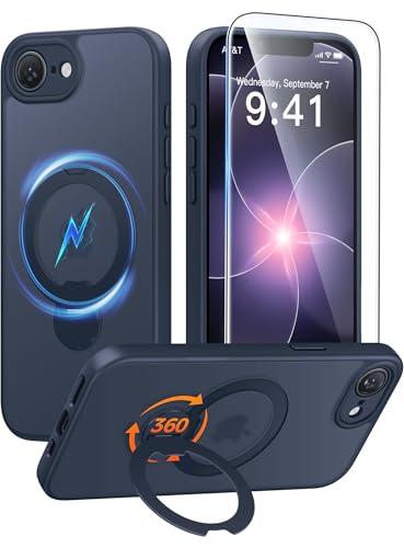 FNTCASE for iPhone 17e/16e Case with 360 Spin Magnetic Stand Deep Blue | Compatible with Magsafe,Screen Protector,Full Camera Protection,Translucent Matte Military Grade Shockproof Phone Cover - color: Deep Blue, size: For Iphone 16e/17e 6.1 Inch