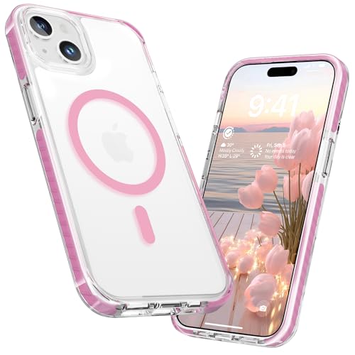 LATVIN for iPhone 15 Case Clear, iPhone 14/13 Case, Magnetic Phone Cover, Compatible with MagSafe, Military Grade Protection, Biult-in Shockproof Bumper, Transparent Anti-Yellowing, Pink - color: Pink, size: for iPhone 15/14/13 6.1 inch