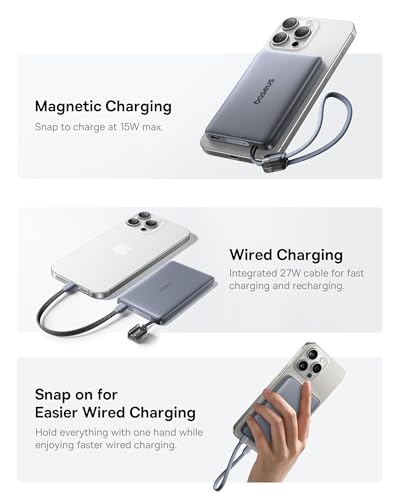 Baseus Picogo Qi2 15W Magsafe Portable Charger, 0.5" Ultra Slim 10000mAh Wireless Power Bank with 27W Built-in USB-C Cable, Magnetic Battery Pack for iPhone 17 Pro Max/17 Pro/Air/16/15/14/13/12 | 10000mAh Wireless Power Bank, 27W Fast Charging Magnetic Ba