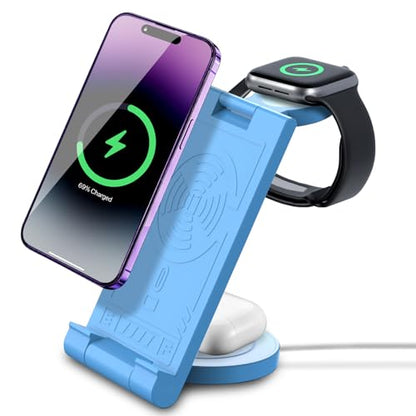 2024 Upgrated Wireless Charger: 3 in 1 Charger Stand Multiple Devices for Apple - iPhone 16 15 14 Pro Max 13 12 11 - Watch 10 9 8 7 6 5 4 3 2 SE and Ultra Series - Airpods 4 3 2 Pro - color: Blue