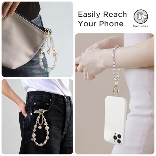 POSADINA Phone Charm for Women, Anti-Theft Phone Wrist Strap Hands-Free & Beaded Chain, Detachable Cell Phone Lanyard with Tether Tab - color: Pink Blossom