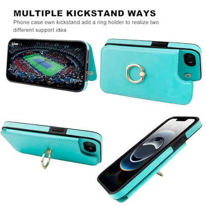 ONETOP for iPhone 17e/16e Wallet Case with Credit Card Holder,LightBlue | 360° Rotation Ring Kickstand,Finger Grip,Double Magnetic Clasp,RFID Blocking PU Leather Shockproof Cover for Women Men - color: Light Blue