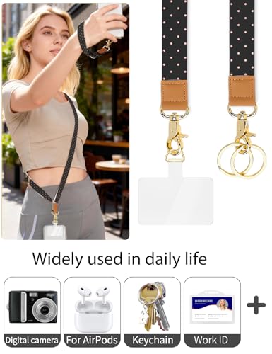 Phone Lanyard Crossbody Strap, Adjustable Neck Strap and Wristlet Strap for Phone Wallet ID Badge with 2 Phone Tabs - color: Black Pink Dots