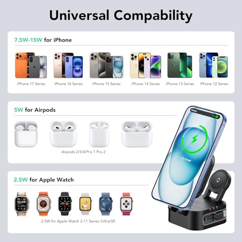 3 in 1 Charging Station Fast Charging, Magnetic Foldable Wireless Charger, Compatible for iPhone 17 16 15 14 13 12 Pro Max, Apple Watch, Airpods 4 3 2 Pro