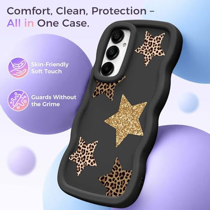 for Galaxy A15 Phone Case, Wavy Soft TPU, Black-Leopard Star | Wavy Frame Design, Soft Slim TPU, Full Camera Lens Protection, Shockproof Phone Cover - color: Black-Leopard Star, size: Samsung A15