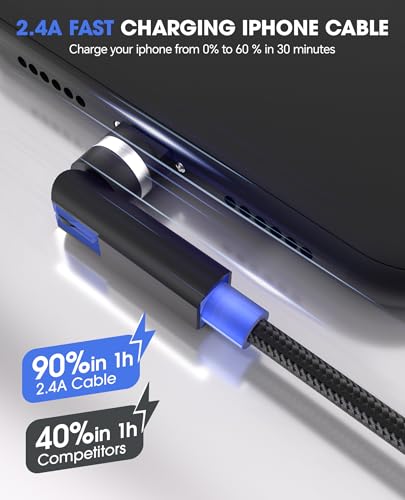 90 Degree iPhone Charger Swivel Cable with 360° Rotating Head - 6.6FT Right Angle Lightning Cable 360° Swivel Charger with MFi, 2.4A Fast Charging, Data Sync, Apple Carplay for iPhone14 13 12 11 X 8